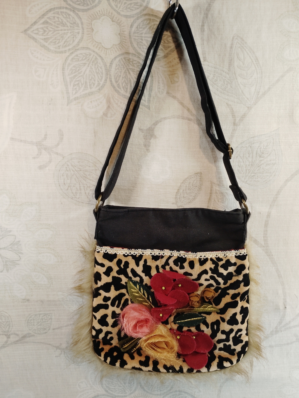 Pier 1 Black and Beige Leopard Crossbody with Red Floral Embroidery